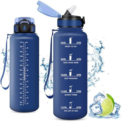 Vikaster Fitness Trinkflasche, Water Bottle with Straw 1500ml, Trinkflasche Leak-Proof, BPA-Free, Sportflasche für Camping, Yoga, Gym, Outdoors
