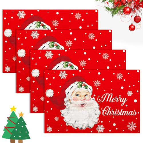 4 Stück Weihnachts Tischsets aus Leinen, Rote Santa Claus Zwerg Rentier Schneeflocke Xmas Tischmatte, Waschbare Platzsets (Santa Claus)