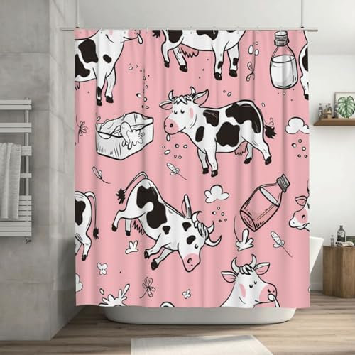 Mexpekil Cortina de ducha de 183 x 183 cm, diseño de vaca lechera, impermeable, con 12 ganchos de plástico, cortinas de ducha de tela de poliéster para baño y bañera