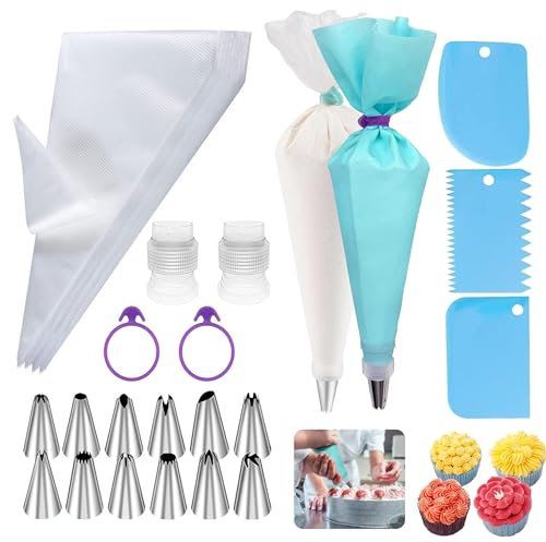 120 Stück Spritzbeutel Mit Tüllen, Edelstahl Spritztüllen Set, Torten Zubehör mit 12 Tüllen und 2 Standardkonverter, Spritzbeutel mit 2 Ringe 3 Teigschaber für Cupcakes Torten Dekorieren Kuchen