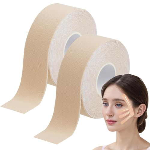 2 Stück Rollen Kinesiotapes für Faltenreduzierung und Hautstraffung, Gesichtslifting Tape, Myofasziales Gesichtsstraffungsband aus Baumwolle und Elasthan, 2,5 cm x 5 m