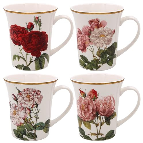 The Leonardo Collection Redoute Rose Tassen Set von 4 Pierre-Joseph Redoute, Tee- und Kaffeebecher für Heißgetränke | Fine China bedruckte Tassen für Küche & Zuhause | Wiederverwendbare Keramikbecher