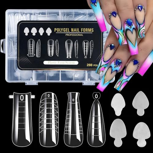 JSRQT 288 Pezzi Nail System Dual Nail Form, Sistema per Unghie Strumenti,Acrilico Tips Allungamento Unghie Finte Artificiali,Capsule per Unghie,4 Stili 12 Taglie Scala