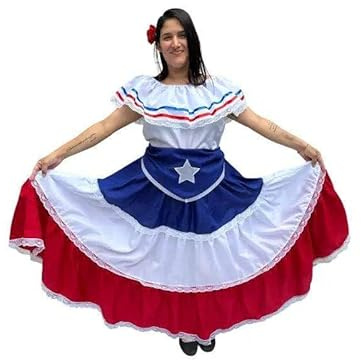 Puerto Rican Traditional Women Fiesta Dress with Blue Flag & Star Belt XS