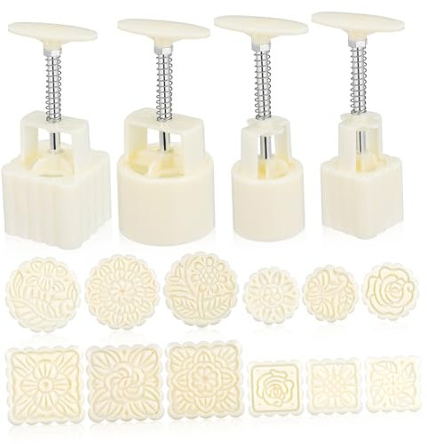 VICASKY Traditional Chinese Mooncake Mold Set 4-Tier Hand Press Moon Cake Mold 12 Floral Cookie Stamps Round and Square Baking Tool for DIY Mid-Autumn Festival Mooncake Making