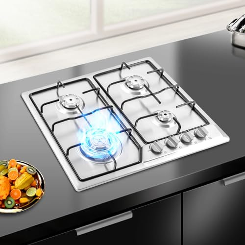 Hanmorfarbi Piano cottura a gas, da incasso, 4 fiamme, in acciaio inox, con regolatore di fiamma e scintille di accensione, bruciatori ad alte prestazioni, fornello a gas propano per abitazioni