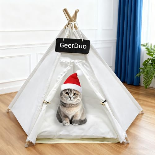 GeerDuo Tipi-Zelt für kleine Hunde oder Katzen, tragbares Welpenbett, Hunde-/Katzenhaus mit dickem, waschbarem Kissen (gestreift, 71,1 cm)