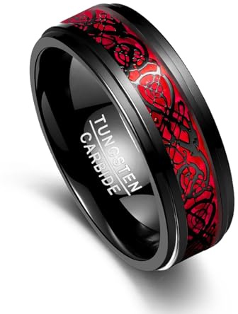 VAKKI Herrenring 8mm Schwarz Wolfram Ring Keltische Drachen-Eheringe mit Opalpapier/Kohlefaser für Männer Größe 49.3(15.7)-74.8(23.8)