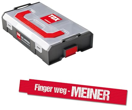 Juego de arandelas TOX L-BOXX Mini DIN 9021 (400 uds) + metro plegable 2 m rojo, 6 tamaños en caja clasificadora adaptable y encajable, 094909163