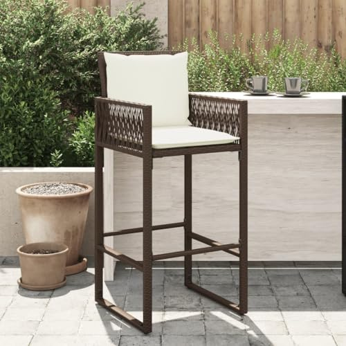 QJBSAVVA Garten Barhocker Set 2 Stück Braun PE Rattan mit Cremeweißen Kissen Outdoor Barstühle mit Rückenlehne und Armlehnen 52 x 58 x 118 cm Bequem & Wetterfest für Garten Balkon und Terrasse