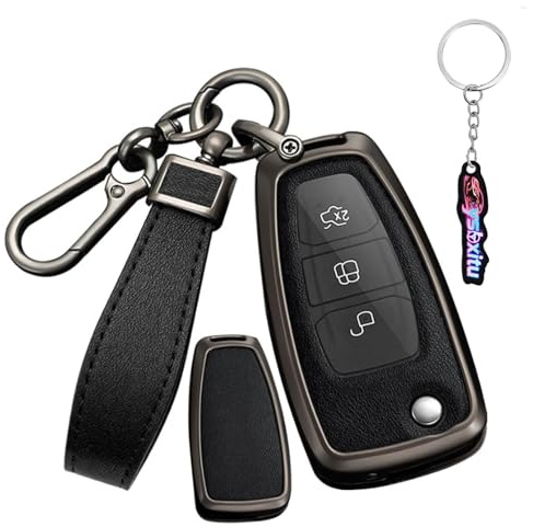 Ysbxitu Leder Auto Schlüssel Cover Hülle Gehäuse für Ford Autofernbedienungen Passt für Ford Fiesta Focus Transit Kuga Mondeo Mk4 Mk8 Mk3 Custom Schlüsseletui Keyless go Schutz A Schwarz