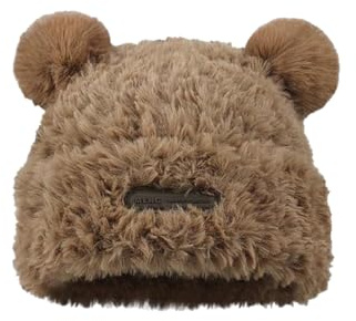 Fuzzy björnöron mössa för kvinnor – söt pom pom lurvig stickad mössa, varm vinter björn kostym modeaccessoar, Khaki, 1