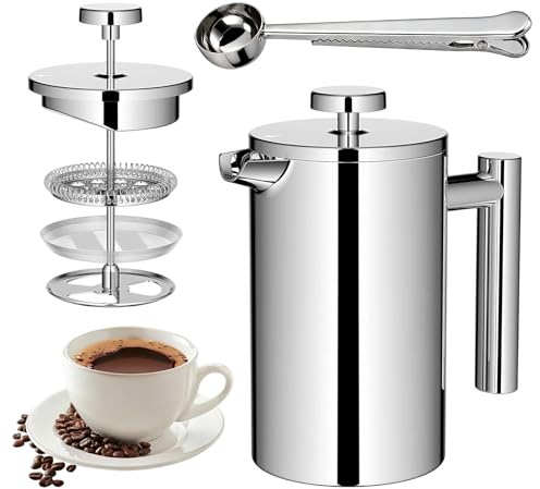 350ml 304 Stainless Steel French Press Coffee Maker, Silver Small Cafetiere | Coffee Press for Ground Coffee, Plunger Double Wall Heat Resistant Coffee Press, 3 Level Filtration System, Cafetiere 1 Cup