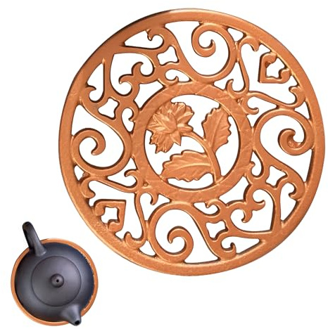 11.5CM Round Cast Iron Trivet, Non Slip Tea Pot Carved Stands Delicate Vintage Pattern Hot Pan Stand Teapot Stand Compact Tea Pot Stands for Protect Desktop Table Kitchen Dining Decor