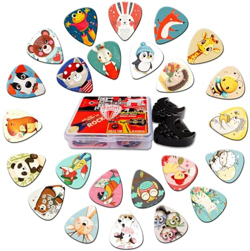 Plektrum 24 Stück,Medium Guitar Picks mit Plektren Halter(Niedliches Tier) | Gitarren Plektrum für Akustikgitarre, E Gitarre, Bass Guitar,Gitarren Zubehör,Musik Geschenk 0,71 mm