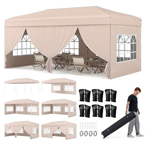 COSTWAY Gazebo da Esterno Pieghevole 3 x 6 m, Gazebo Resistente e Robusto, Tendone Regolabile in Altezza con Pareti Laterali, 6 Sacchi di Sabbia e Borsa, per Feste, Campeggio e Fiere (Beige)