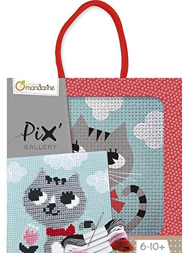 Avenue Mandarine KC026O - Una scatola Pix' Gallery che include 1 quadro a punto e croce 14x14 cm, ago e fili, Gatto