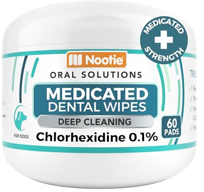 Nootie Medicated Dental Wipes for Dogs, Cleans Teeth and Freshens Breath for Dogs - Prevents Plaque and Tartar Dog Oral Care, 60 Count