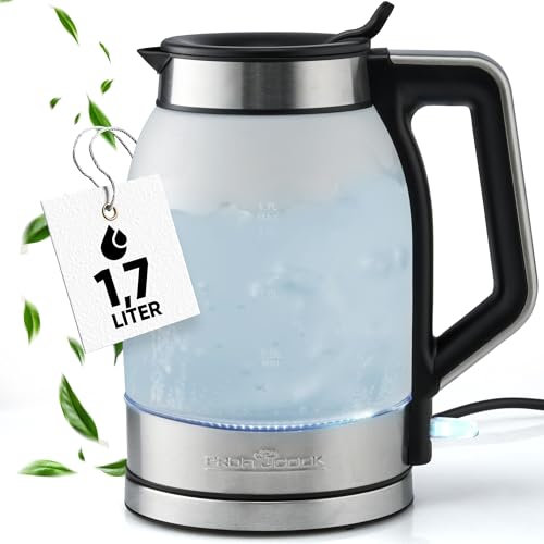 ProfiCook® Hervidor de agua 1,7 litros con cristal satinado | depósito de agua azul iluminado | con 1,7L | Hervidor de agua con abertura de llenado de cierre automático | sin BPA | PC-WKS 1215 G