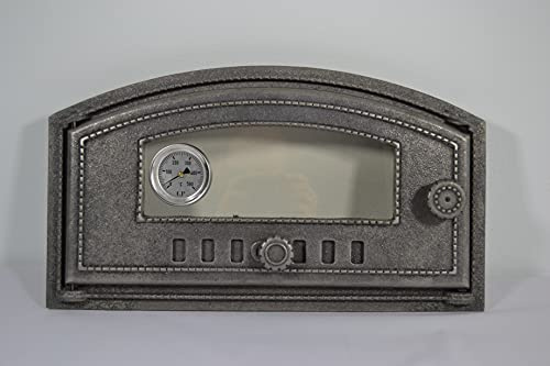 SEZAM Backofentür aus Gusseisen mit Thermometer 500 °C, hitzebeständige Glasscheibe, nach links öffnend, Pizzaofentür - Brotofen - Steinofentür, 48,5 x 6,5 x 27,5 cm - halbrund, ohne Bemalung