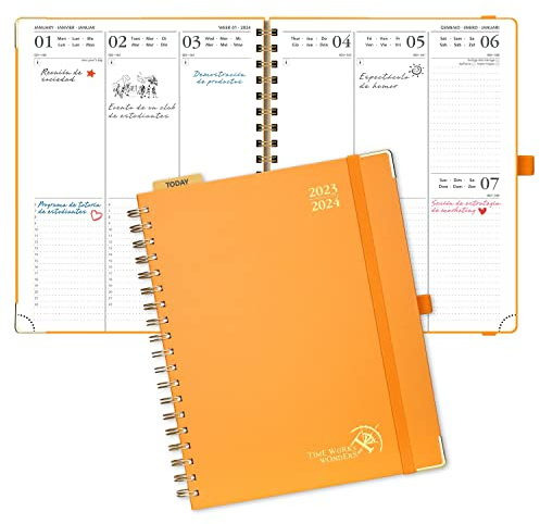 POPRUN Premium Kalender 2023 2024 Wochenplaner 25,5 x 21,5 cm, 17-Monate-Terminplaner Ringbuch (Aug.2023-Dez.2024), Planer Hardcover mit Plastiklineal, FSC®-Zertifiziertem Papier - Orange