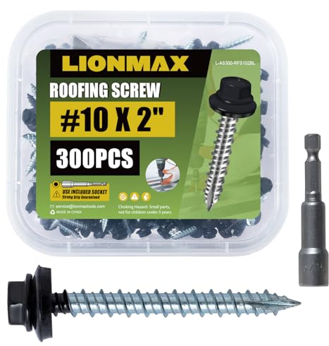 LIONMAX Roofing Screws #10 x 2 Inch, 300PCS Black Metal Roofing Screws with Rubber Washer, Alloy Steel Screws for Metal Roofing, Hex Head Sheet Metal Screw, 8MM Hex Socket Included