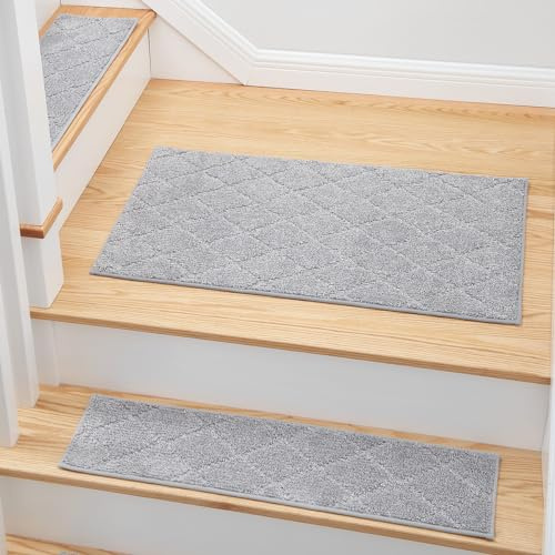 MBIGM Non-Slip Carpet Stair Tread Mat 20 x 32 Landing Rug - Matching Mat Soft Plush Comfort Non-Skid Safety Rug Slip Resistant - Light Gray