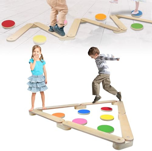 ACXIN Kinder Balancierbalken aus Holz, Spielzeug für Kinder ab 3-7 Jahren, Schwebebalken mit 6-teiliger Hindernisparcours für Indoor und Outdoor Gleichgewichtstraining
