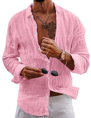 Puimentiua Camicia Uomo Manica Lunga Maglia Lino Estiva Elegante Camicia Coreana Tinta Unita Vacanze Beach, Rosa, M