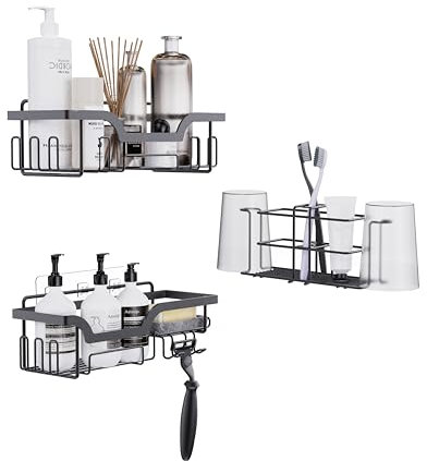 Honsdom Estanteria Baño 3 Piezas Estantería de Ducha sin Taladro Acero Inoxidable con Soporte para Cepillo de Dientes Organizador Baño para Champú y Gel de Baño (Negro)