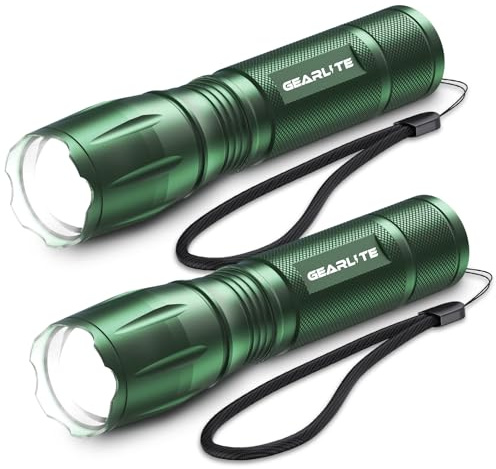 GEARLITE 2 st kraftfull LED-ficklampa, 3 000 lumen LED-ficklampor med hög effekt med 5 lägen, IP65 vattentät taktisk ficklampa, för camping, vandring, utomhus, nödsituation (grön, 2)