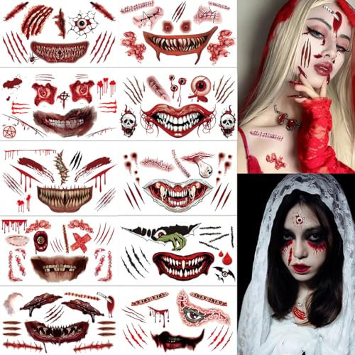 Halloween Gesichtstattoo, 10 Blätter Temporäre Tattoos, Narben Tattoos, Aufkleber mit gefälschten Scab Blut Spezial Fx Kostüm Makeup Accessoires