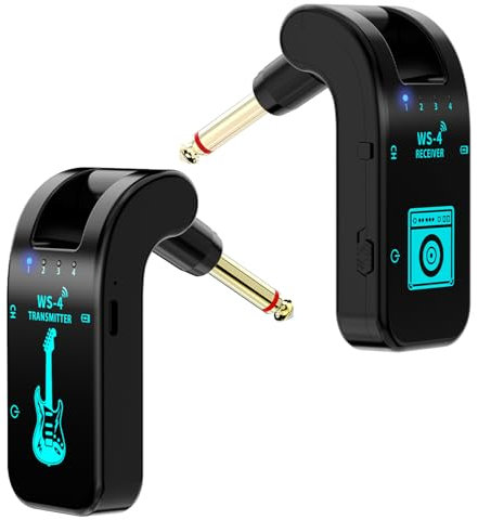 Kabelloses Gitarrensystem, 2,4 GHz 8 Kanäle Wiederaufladbarer Audio Drahtlos Sender Empfänger für E-Gitarre, Bass und Elektrische Blasinstrumente, 48K/16bit Echtzeit-Übertragung, Black