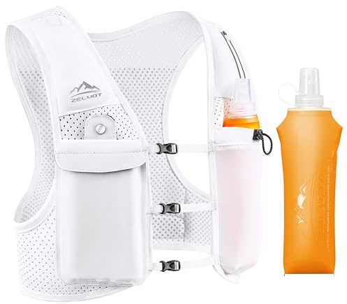 Zelvot Chaleco Hidratacion Trail Running con 500ml Soft Flask, Patente Original Europea, Correas de Pecho Ajustables Chaleco Running, Ligero Mochila Hidratacion para Ciclismo Carrera (Blanco, M/L)