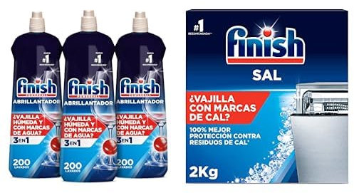Lote de Finish Powerball Abrillantador Lavavajillas, vajilla seca, brillante y sin marcas - 3 unidades x 800ml - Total 600 lavados + Finish Sal para Lavavajillas, Función Antical, 2kg