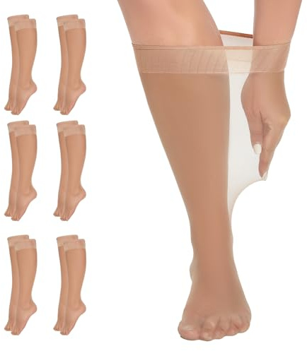 Yilanmy 6 Pairs Plus Size Knee High Socks Women's Sheer Nylon Pop Stockings for Wide Calves 15D(Natural,XL-2XL)