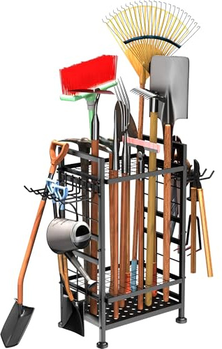 Jowkou Garden Tool Storage Rack, 3 Tier Metal Shed Storage Organiser, Heavy Duty Garden Tool Holder Organiser and Shed Storage Solutions for Garage, Yard, Patio, Indoors Outdoors, Black