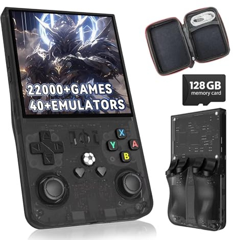 HQILRRA 2025 New Upgrade R36MAX Retro Handheld Game Console with 128GB Built-in 22000+ Classic Games,40+Emulators, Portable Video Gaming Console Linux System 4.0 Inch IPS Screen,Black Translucent