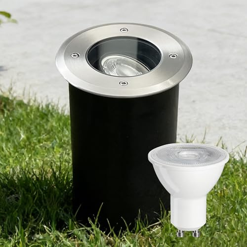 JNR Edelstahl Bodeneinbaustrahler Aussen Schwenkbar IP67 230V, Wasserdicht Bodenleuchten Außen mit LED GU10 5W 3000K Warmweiß Glühbirne, Rund Bodenstrahler Befahrbar für Garten,Wegen,Silber-1