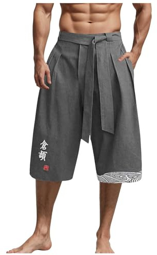 Générique Pantalon Homme 3/4 Court en Lin Style Japonais Traditionnel Pantalon Large Sarouel Hakama Harajuku Streetwear Taille