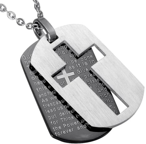 PAURO Herren Edelstahl Bibel Vers Lord Gebets Kreuz Doppelte Hundemarke Schwarze Silberne Hängende Halskette, Keine Kette