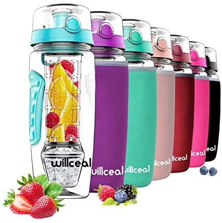 willceal Wasserflasche Mit Fruchteinsatz 945 ml Durable mit abnehmbarem Eisgel-Ball, groß - BPA-freies Tritan, Flip-Deckel, dichtes Design - Sport, Camping (Petrol)