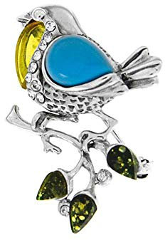 Nature d'Ambre Brosche Vogel auf AST, grüner Bernstein, Türkis, Oxide und Silber 925/1000 (312024)