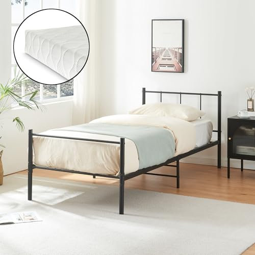 [en.casa] Metallbett mit Matratze Laos Stahlbett Gästebett Schlafzimmerbett Stahlramen mit Kaltschaummatratze 90x200 cm Schwarz