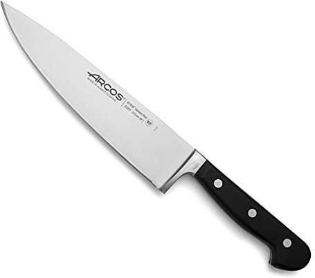 Arcos Cuchillo Chef Acero Inoxidable. Cuchillo Cocina Profesional multipropósito para Cortar y Limpiar Verduras. Mango ergonómico polioximetileno y Hoja 210 mm. Serie Opera. Color Negro. | Multipropósito para cortar y limpiar verduras. Mango de polioximetileno. Serie Opera. Negro.
