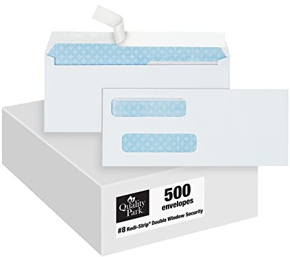 Quality Park #8 Double Window Envelopes, Self Seal Security Envelopes for QuickBooks Checks, 3 5/8 x 8 11/16, 24 lb White, 500 per Box (QUA50766)