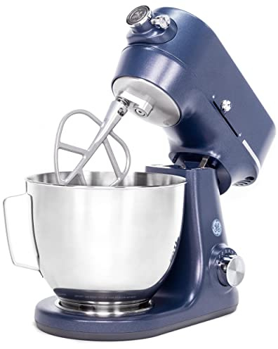 GE Tilt-Head Electric Stand Mixer | 7-Speed, 350-Watt Motor | Includes 5.3-Quart Bowl, Flat Beater, Dough Hook, Wire Whisk & Pouring Shield | Countertop Kitchen Essentials | Sapphire Blue