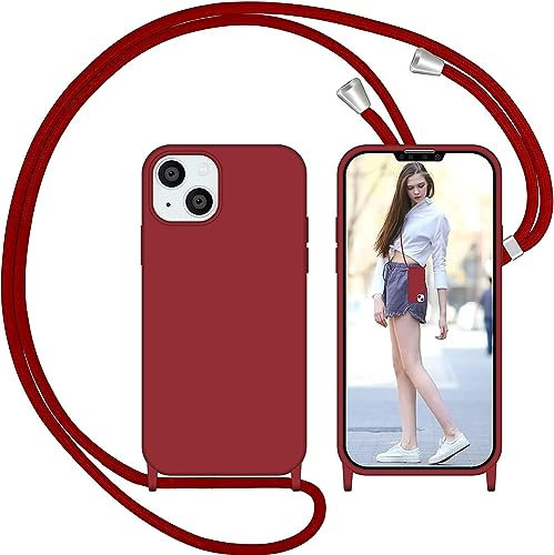 Nupcknn für iPhone 13 Hülle mit Band, Liquid Silicone Handykette Handyhülle (Abnehmbar Einstellbar) Necklace mit Kordel zum Umhängen Handy Kette Kratzfestes Stossfest Schutzhülle(Rot, 6.1)