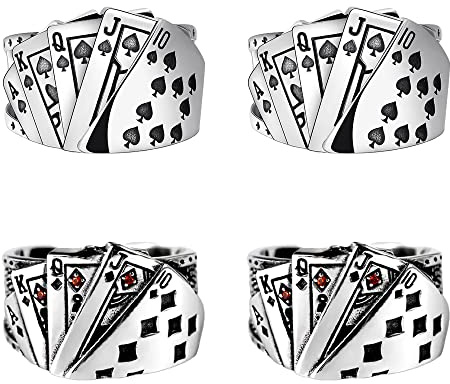 Liitata 4 Pcs Vintage Poker Card Rings Punk Poker Rings Gothic Chunky Opening Knuckle Rings Statement Band Ring for Women Men Halloween Cosplay Party Costume Accessories- Hearts Spades Silver