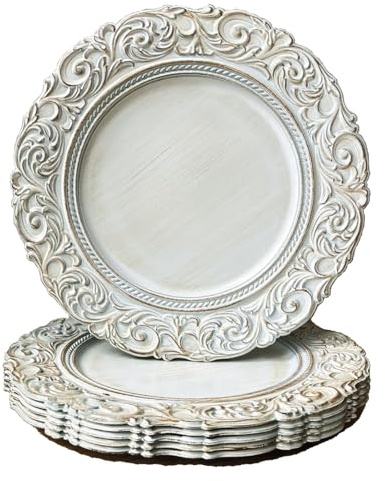 Umisriro Lot de 6 assiettes de présentation rondes en plastique gaufré pour dîner, fête, mariage, décoration de table élégante (blanc)